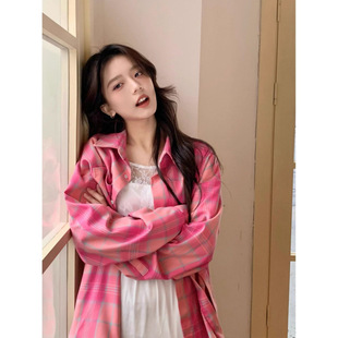 Hong Kong-style Plaid Long-sleeved Shirt Women's 2024 New Spring and Autumn Polo Collar Sweet and Hot Outer Cardigan Top Jacket
