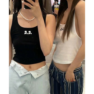 in stock brown Embroidered Short Slim-fit Camisole Women's Summer Pure Cotton Outer Wear I-character White Base Shirt r & r