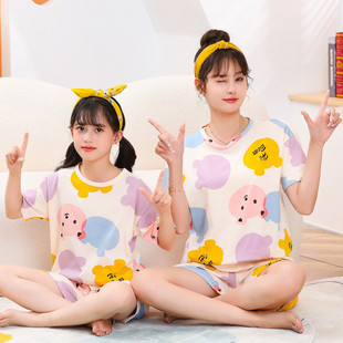 Children's Cotton Short-sleeved Home Clothes suit Parent-child Mother-daughter Home Cartoon Princess 2-piece Set Summer Thin Cotton
