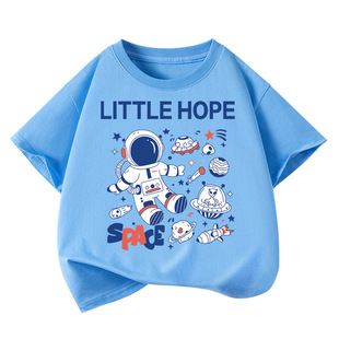 Children's Short-sleeved T-shirt Pure Cotton Summer Western Style Top Big Children's Summer Dress Boys Round Neck Half-sleeved Space Trendy Cool