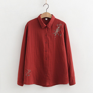 81864 Double-layer Cotton Yarn Exquisite Flowers and Flowers Embroidered Long-sleeved Shirt Women's Artistic 2024 Spring New Loose Shirt