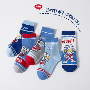 Children's socks Spring and Autumn Mid-calf cotton socks thin cartoon Ultraman solid color autumn and winter Boys Boys Anime
