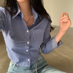 Korea chic2023 Early Spring High Waist Short Striped Shirt Women's Slim-fit Shirt