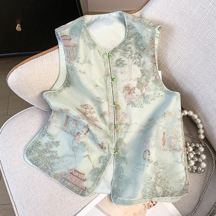 Real Shot New Chinese Retro Small Round Neck Buckle National Fashion Chinese Style Heavy Industry Embroidered Jacket Vest Cardigan Women's Jacket