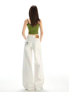 Orange Silk Women's Clothing # White American-Style Embroidered Wide-Leg Jeans for Women, Retro Mid-Waist Loose Drape Straight-Leg Floor-Length Pants