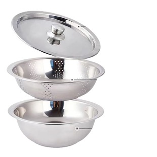 Wholesale stainless steel basin with lid suit seasonings tank multi-purpose basin three-piece kitchen dish washing basin drained basket household basin