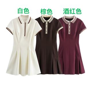 AliExpress wholesale autumn new women's pullover short sleeve color matching rib wide pleat slim POLO collar dress