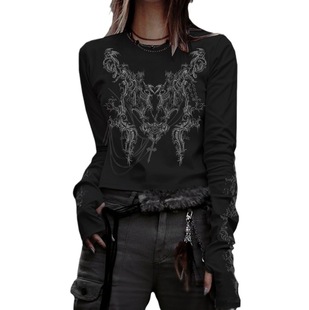 2023 new European and American women's punk style slim-fit slimming long-sleeved personalized top T-shirt cross-border