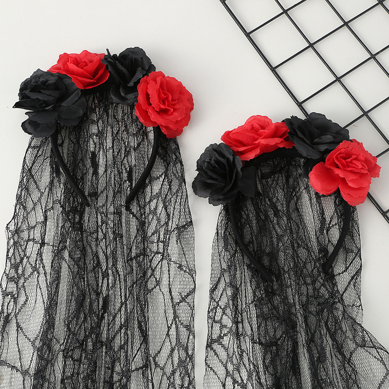 Cross-Border Halloween Headband Rose Garland Veil Lace Headband Performance Party Props Gothic Style Headwear Wholesale