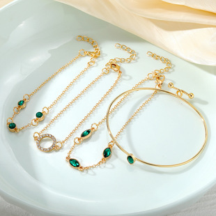 European and American cross-border new imitation emerald diamond bracelet suit circle diamond rhinestone chain bracelet four-piece set for women