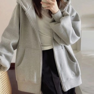 Foreign Trade Grey Zipper Cardigan Jacket Simple Lazy Hooded Loose Sweater Casual Top Hooded Sweater Outer Wear