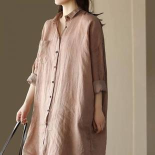 Japanese Style Vintage Cotton and Linen Long-sleeved Shirt Women's Spring and Spring Mid-length Loose Casual Lightweight Outer Sunscreen Cardigan Top