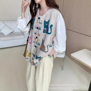 35907 Cute Cat Jacquard Sleeveless Knitted Vest Cardigan Women's Autumn 2024 New Fashion Loose Vest