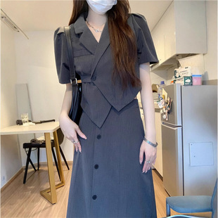 Summer New Design Sense chubby girl Fashion Slim suit Irregular Suit Top High Waist Skirt Two-piece Set
