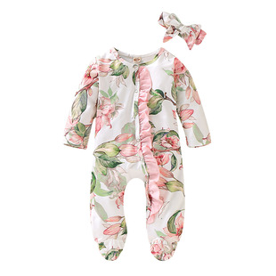 in stock Korean Style Autumn Baby Long-Sleeved Jumpsuit Climbing Wear Lace Foot-Wrap Baby Pajamas Warm Clothes Delivery Turban