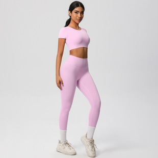 European and American Naked Tight Sanding Solid Color Yoga Clothes suit Quick-drying Breathable Running Fitness Eight-piece Set for Women
