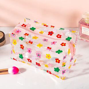 Korean Style Ins Style Color Flower Transparent Cosmetic Bag PVC Waterproof Toiletry Bag Large Capacity Portable Cosmetic Bag