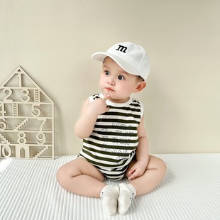 Ins Baby's Jotsuit for Summer 2023 New Style for Baby Boys and Girls Going Out Hatshirt Striped Vest Wrap Fart Clothes