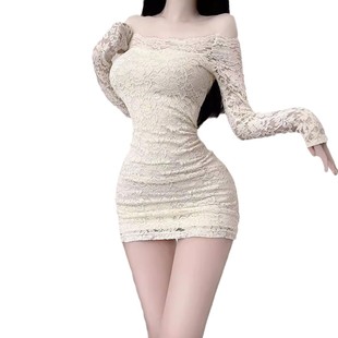[Factory Outlet] Spice Girls Tight Dress Women Sexy Lace Long Sleeve One-word Collar Ambiance Seaside Dress