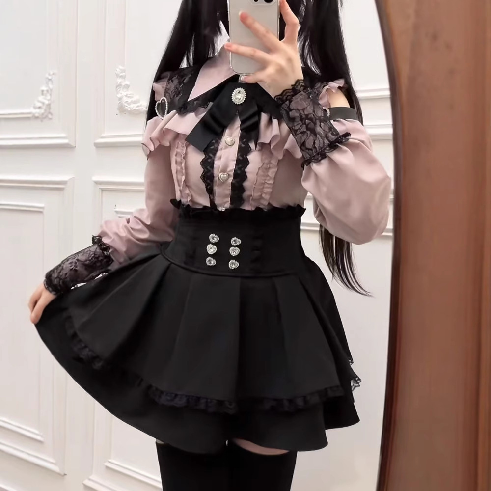 Sweetheart Encounter Dark Dark Style Mass-Produced Girl's Multi-Color Off-Shoulder Shirt + High-Waisted Skirt Two-Piece Set