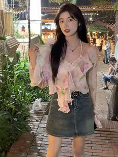 French sweet floral chiffon shirt Women's elegant lace-up ruffled loose slimming short top sunscreen cardigan