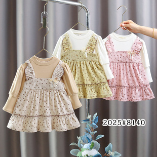 Girls' dress 2024 Autumn Children's Long-sleeved Princess Dress Fake Two-piece Set College-style Foreign Trade Cute Dress
