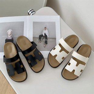 Birkenneth Shoes Women's 2024 Summer One-word Sandals and Slippers Fashion Casual Flat All-match Soft Bottom Beach Shoes Women