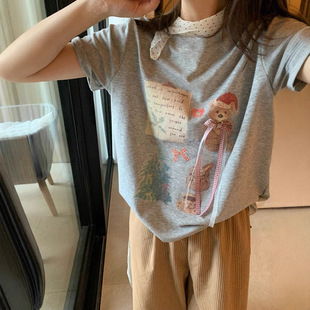 Summer New South Korea Designer Age-reducing Cartoon Printed Bow Decorative Loose All-match Round Neck Short Sleeve T-shirt