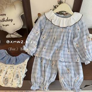Girls 2025 Spring and Summer Korean Style Lotus Leaf Collar Home Clothes Spring Baby Cartoon Cotton Long Sleeve Trousers Pajamas suit