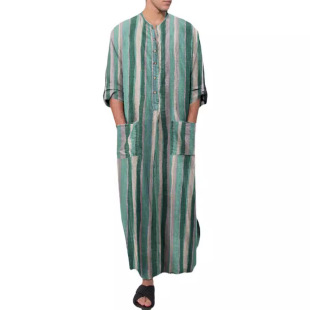 Muslim Robe New Arrival Arabian Men's Loose Door Barrel Striped Long Sleeve Spot Ethnic Style Middle East Jumpsuit