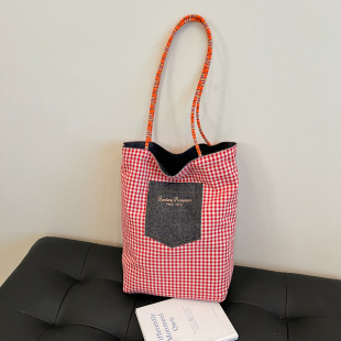 Korean Style Red Plaid Double-Sided Denim Shoulder Bag, Fashionable and Trendyy Large-Capacity Satchel Canvas Bag, Retro Tote Bag