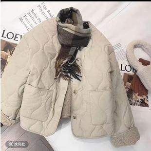 2024 Pink Rhombus Faux Cashmere Cotton-padded Jacket Women's Korean-style Thickened Round Neck Coat Cotton-padded Coat Colored Black