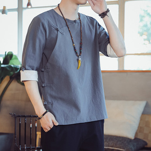 2021 Chinese Style Summer Men's New Loose Slant Placket Color Block Button Five-point Sleeve Cardigan T-shirt
