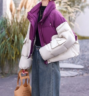 2024 Autumn and Winter New Fashion Design Temperament Commuting Contrast Color Stitching Large Shawl Collar Warm Cotton Jacket