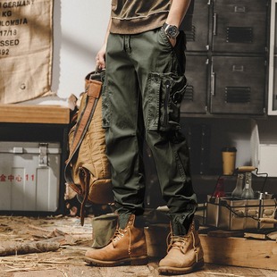 Spring and Autumn Trendy Brand Men's Tooling Pants Slim-Fit Leg-Bundling Trousers Winter American Motorcycle Multi-Bag Black Pants