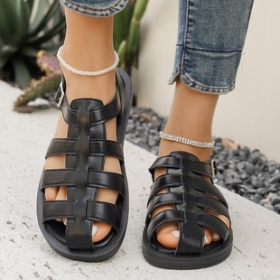 2024 New Summer Versatile Export Large Size Sandals Roman Braided Cut Out Flats Bottom One-Word Buckle Sandals