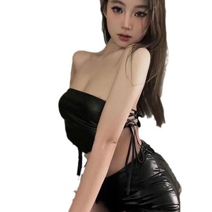 Straw girl hollow leather lace-up split sexy nightclub stage skirt pure want tube top short skirt trendy 1521