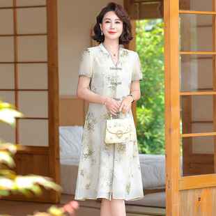 Mom Summer Dress National Style Mid-length Elegant Western Style dress 2025 New Middle-aged Women's Thin Chiffon Short-sleeved Skirt