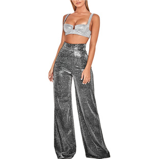 Cross-border Europe and the United States new women's hot silver wide leg pants high waist big leg pants ladies casual pants wholesale supply