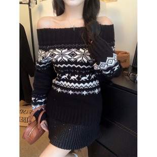 Real Price Retro Coarse Woven Shoulder Sweater Autumn and Winter Loose Christmas Top Coat Women