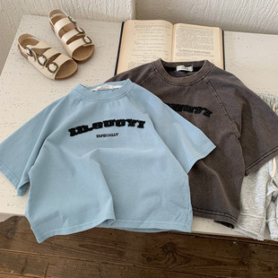 2025 Summer New Korean Style Children's Old Letter Short Sleeve Boys' Fashionable Loose T-Shirt Stylish Girls' Top T