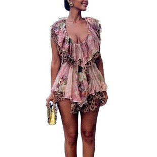 Independent Station Amazon European and American Clothing Sexy Dress Sleeveless Printed Asymmetrical Skirt Ruffled Women 8150
