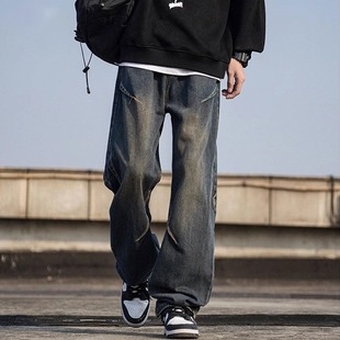 American retro jeans men's spring and autumn new high street loose wide-leg pants fashion brand casual straight overalls men