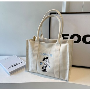 Cartoon Printed Canvas Bag New 2025 Japanese Style Thickened All-match Fashionable Commuter Handbag with Letters