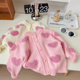 Pink House 2024 autumn new little girl warm wool top baby girl Korean sweet casual sweater open