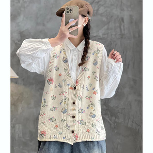 Autumn New V-neck sleeveless knitted cardigan vest cartoon printed loose outer wear cotton thread horse wholesale