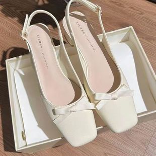 Square Head Thick Heel Shallow Mouth Back Empty Baotou Mary Jane Sandals Women's Bow Shoes Sweet Age-reducing 2024 New
