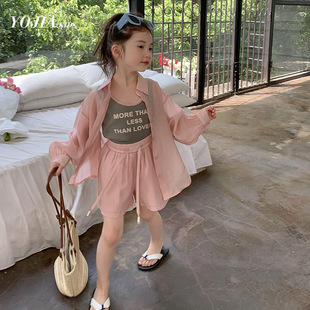 Girls' Sunscreen Clothing suit Fashionable Western Style 2024 New Children's Summer Wear Skin Clothing Lightweight Breathable Three-piece Set