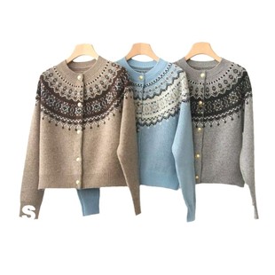 Open/chao soft waxy 100% all wool fluffy warm fair island jacquard raglan sleeve knitted cardigan