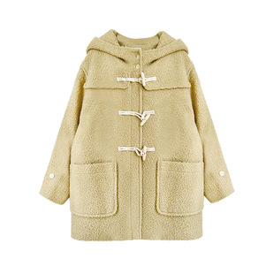 South Korea east gate the abl * e foreign-style age-reducing wooden horn buckle hooded long wool wool coat